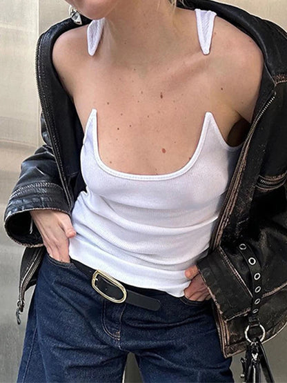 Invisible Straps Hot Sexy Women's Street Y2k Mini Tank Top Sleeveless U Collar Solid Slim Fit 2023 Summer Patchwork Cropped Tops