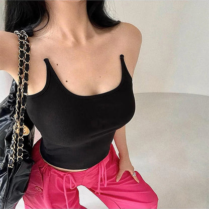 Invisible Straps Hot Sexy Women's Street Y2k Mini Tank Top Sleeveless U Collar Solid Slim Fit 2023 Summer Patchwork Cropped Tops