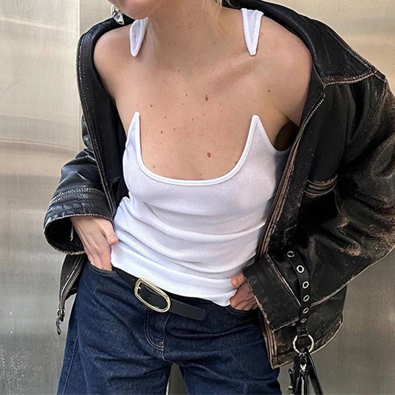 Invisible Straps Hot Sexy Women's Street Y2k Mini Tank Top Sleeveless U Collar Solid Slim Fit 2023 Summer Patchwork Cropped Tops